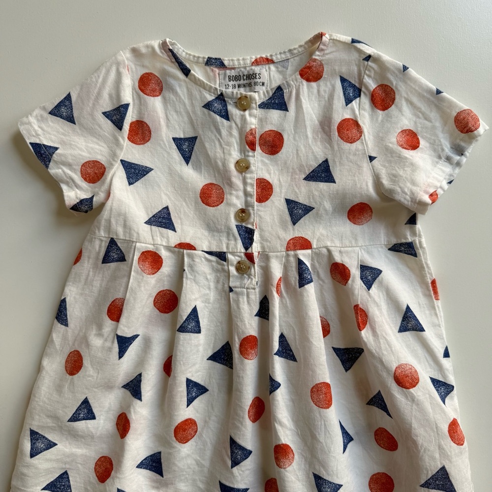 Bobo Choses Girls White Dress with Red and Blue Geometric Print - Size 12-18M - Picture 4 of 15